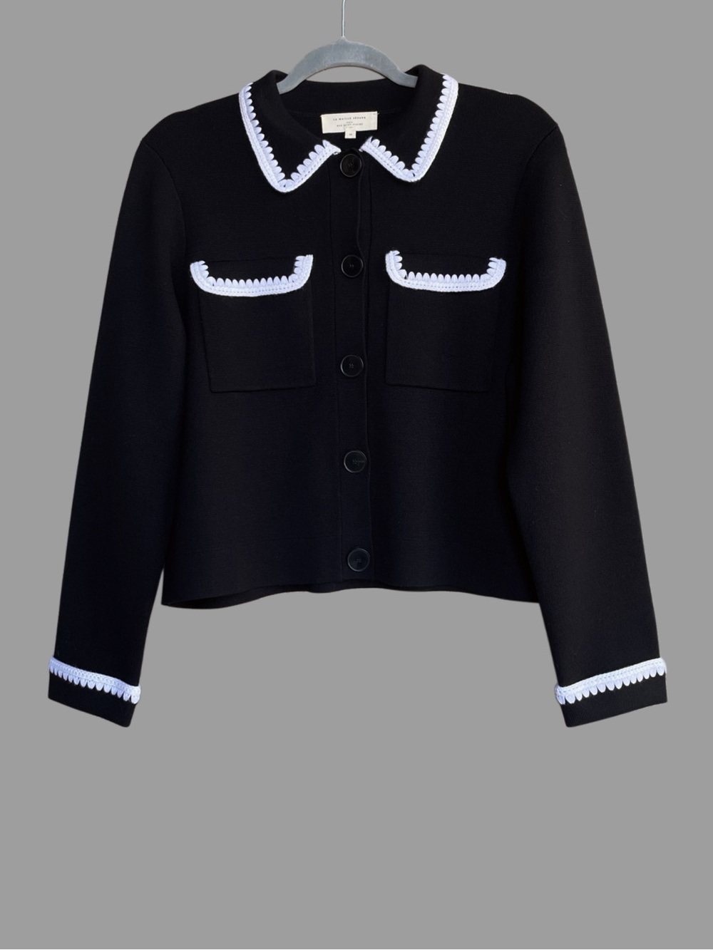 SEZANE Black Merino Wool Knit Collared Betty Cardigan w/ White Crochet Details - Picture 3 of 17